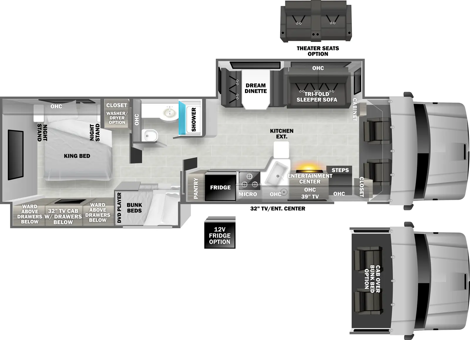 The 37BD has two slideouts and one entry. Exterior features a TV/entertainment center. Interior layout front to back: cockpit (optional cab over bunk bed); off-door side cabinet, and slideout with tri-fold sleeper sofa (optional theater seating) with overhead cabinets, and dream dinette; door side closet, entry, entertainment center with TV, overhead cabinet, kitchen counter with extension, sink, microwave, cooktop, refrigerator (optional 12-volt refrigerator), and pantry; off-door side full bathroom with overhead cabinet; door side slideout with bunk beds with DVD player, and bedroom wardrobe with TV and drawers below; rear bedroom with off-door side closet with washer/dryer option, and side-facing king bed with overhead cabinet and night stands on each side.